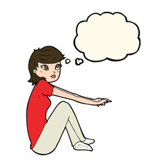 cartoon pretty girl sitting with thought bubble