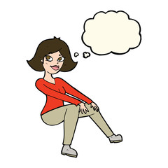 cartoon happy woman sitting with thought bubble