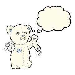 cartoon teddy polar bear with torn arm with thought bubble