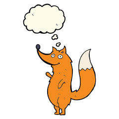 cartoon waving fox with thought bubble