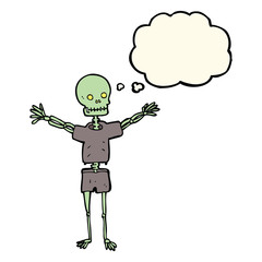 cartoon skeleton in clothes with thought bubble