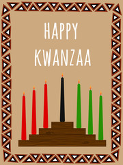 Kwanzaa postcard with a seven candles candlestick, African ornate frame and text Happy Kwanzaa