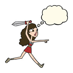 cartoon viking girl with sword with thought bubble