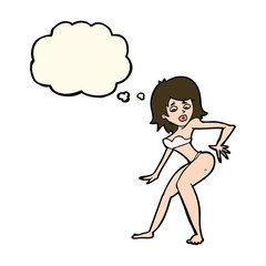 cartoon woman in bikini with thought bubble