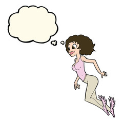 cartoon flying woman with thought bubble