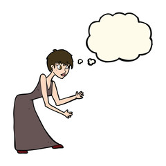 cartoon woman in dress gesturing with thought bubble