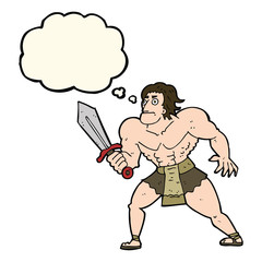 cartoon fantasy hero man with thought bubble