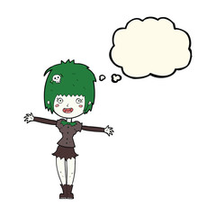 cartoon happy vampire girl with thought bubble