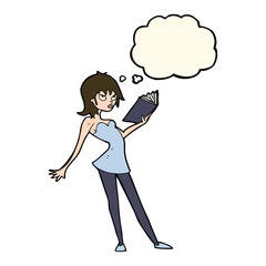 cartoon woman reading book with thought bubble