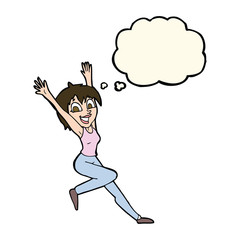 cartoon excited woman with thought bubble