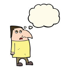 cartoon worried man with thought bubble