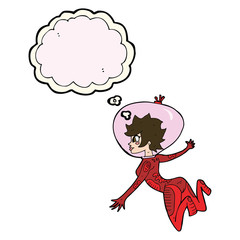 cartoon space woman with thought bubble