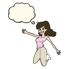 cartoon jumping woman with thought bubble