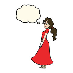 cartoon pretty woman in dress with thought bubble