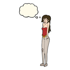 cartoon pretty woman shrugging shoulders with thought bubble