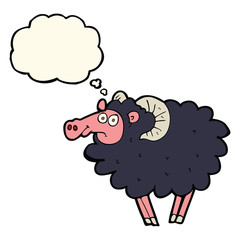 cartoon black sheep with thought bubble