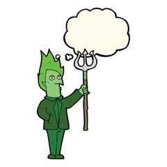 cartoon devil with pitchfork with thought bubble