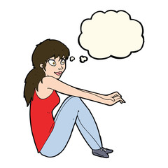 cartoon happy woman sitting with thought bubble