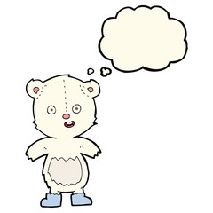 cartoon happy teddy bear in boots with thought bubble