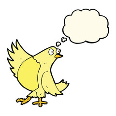 cartoon dancing bird with thought bubble