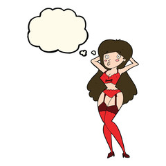 cartoon woman in lingerie with thought bubble