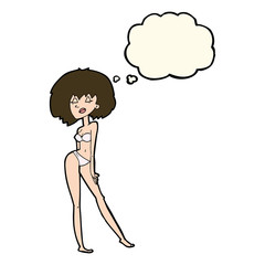 cartoon woman in bikini with thought bubble