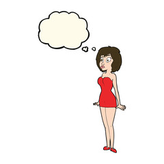 cartoon surprised woman in short dress with thought bubble