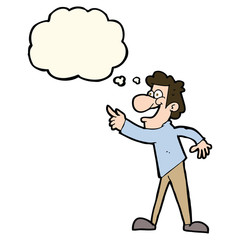 cartoon man pointing and laughing with thought bubble