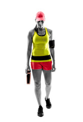 Young woman standing in a studio after the running.