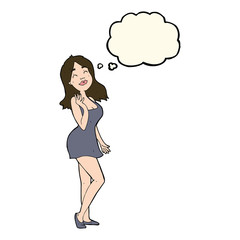 cartoon pretty woman in cocktail dress with thought bubble