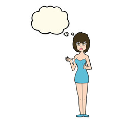 cartoon confused woman in cocktail dress with thought bubble