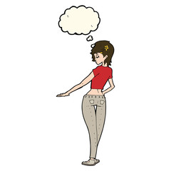 cartoon pretty girl in jeans and tee with thought bubble