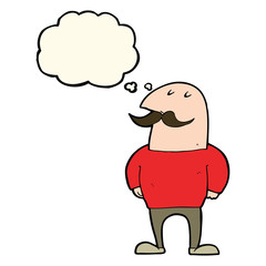 cartoon bald man with mustache with thought bubble