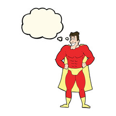 cartoon superhero with thought bubble