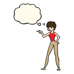 cartoon woman pointing with thought bubble