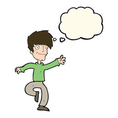 cartoon happy man dancing with thought bubble