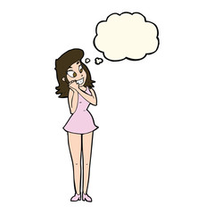 cartoon excited woman with thought bubble