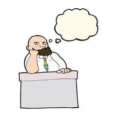 cartoon bored man at desk with thought bubble