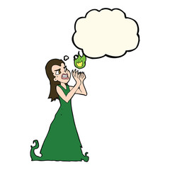 cartoon witch woman casting spell with thought bubble