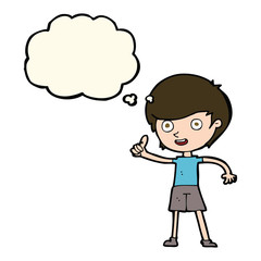 cartoon boy giving thumbs up symbol with thought bubble