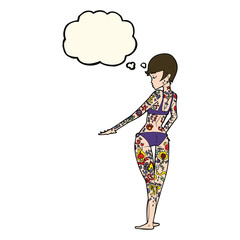 cartoon bikini girl covered in tattoos with thought bubble