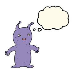 cartoon happy little alien with thought bubble