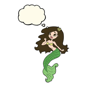 cartoon pretty mermaid with thought bubble
