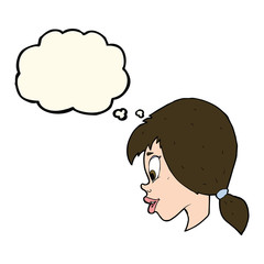 cartoon pretty female face with thought bubble