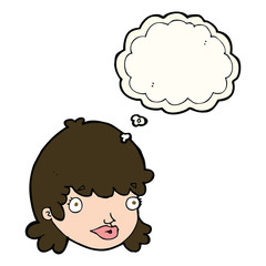 cartoon female face with surprised expression with thought bubbl