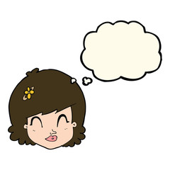 cartoon happy female face with thought bubble