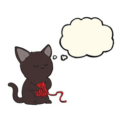 cartoon cute black cat playing with ball of yarn with thought bu