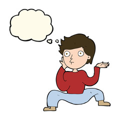 cartoon boy doing crazy dance with thought bubble