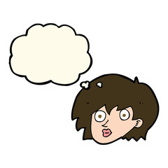 cartoon surprised female face with thought bubble