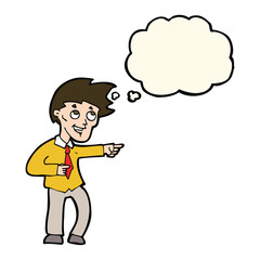 cartoon funny office man pointing with thought bubble